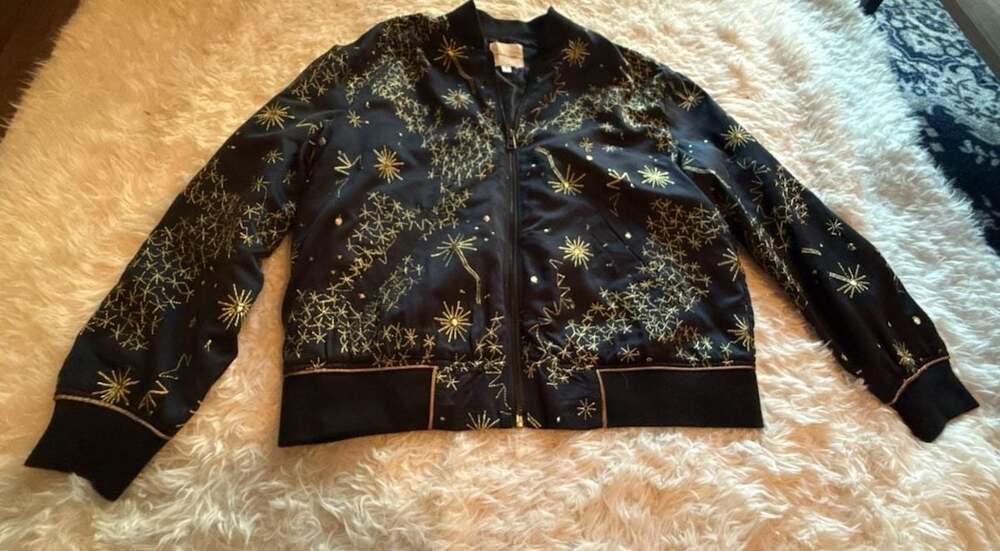 Silence + Noise Celestial Embroidered Gold and Black Bomber Jacket
